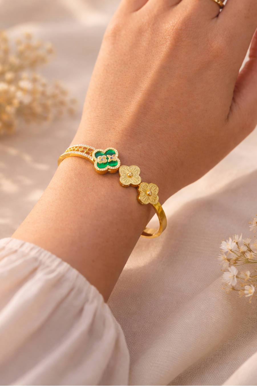 Anti Tarnish Gold Clover Kada Bracelet